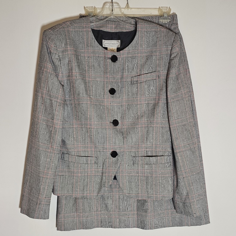 Investments Suit Set Womens 10 Black White Red Plaid Tweed Classic Lined Skirt